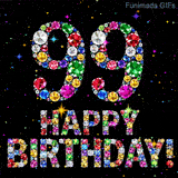 The number 99 alongside the words Happy Birthday, crafted from glittering multi-colored gemstones, glowing against a pitch-black space with tiny color sparks.