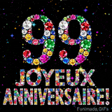 Image animée montrant le chiffre 99 et le texte Joyeux Anniversaire composés de pierres précieuses, avec un effet de scintillement sur fond noir.