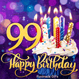 The golden digit 99 next to a cupcake with sprinkles and lit candles. Happy Birthday is written in cursive gold over a blurry purple background.