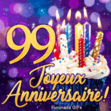 Animation pour les 99 ans avec le chiffre 99 d'or brillant, un gâteau de fête et des lumières féeriques.