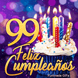 Animación para los 99 años con el número 99 de oro brillante, una tarta de fiesta y destellos mágicos.
