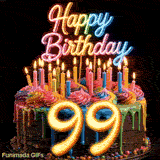 Animated rotating cake GIF for 99th birthday with rainbow frosting, lit candles, and glowing yellow number 99.
