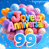 Des lettres ballons colorées lisant Joyeux Anniversaire flottent doucement dans le ciel, accompagnées du grand chiffre bleu 99 attaché en bas.
