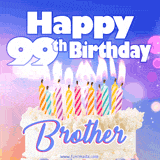Birthday GIF image for a brother's 99th special day, featuring a cake with lit candles. The background has a bokeh effect with purple hues.