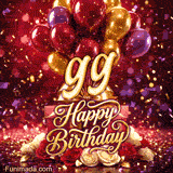 Colorful balloons presents and red-white roses surround the golden number 99 with Happy Birthday lettering and confetti in a lively design