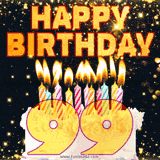 Happy 99th birthday card featuring a white frosted cake adorned with colorful, striped candles, and golden text with glitter on a black backdrop.