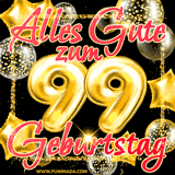 A vibrant greeting card featuring colorful balloons in the background with the large number '99' and the words 'Happy Birthday!' in glowing, bold text