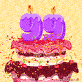 A festive, animated image of a birthday cake with lit candles forming '99'. Confetti and cherries adorn the tiered cake, for a 99th birthday.