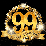 A golden 99th birthday GIF features a decorative circle and ribbon. The design sparkles with light and gold accents against a black background.