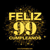 GIF animado con un diseño dorado, mostrando el número 99 rodeado de fuegos artificiales y luces que resaltan una atmósfera festiva y vibrante.