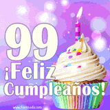 Animación de un cupcake con cobertura blanca, confites de colores, una vela encendida y el número 99 en grande sobre un fondo púrpura con luces brillantes.