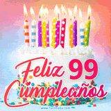 GIF animado con un pastel blanco decorado con confites y velas de colores encendidas, acompañado de la frase 'Feliz 99 cumpleaños' sobre un fondo alegre.