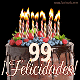 Animación de un pastel de chocolate decorado con frutas, velas encendidas y el número 99, acompañado de la palabra '¡Felicidades!' en elegante tipografía.