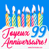 GIF animé joyeux anniversaire pour 99 ans avec des bougies colorées allumées, un fond bleu vif et le texte 'Joyeux Anniversaire 99!' en écriture élégante.