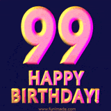 A celebratory Happy Birthday text appear GIF of the number '99' above the text 'Happy Birthday!'. The 3D letters have a bold, pink and yellow color gradient on a dark blue background.