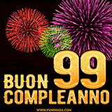 Animazione di fuochi d'artificio colorati con il numero 99 in oro brillante e la scritta 'Buon Compleanno' su uno sfondo nero festivo ed elegante.
