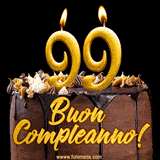 GIF animato con una torta al cioccolato decorata con crema, dettagli dorati e due candele accese che formano il numero 99. Messaggio 'Buon Compleanno' in scritta elegante.