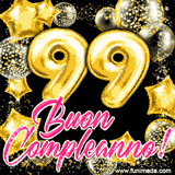 Animazione con palloncini dorati a forma del numero 99, circondati da decorazioni scintillanti e la scritta 'Buon Compleanno!' in caratteri rosa accattivanti.