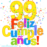 GIF festivo lleno de confeti de colores, el número 99 grande en amarillo y la frase 'Feliz cumpleaños' en letras multicolores y brillantes.