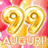 Bouquet animato di palloncini multicolori che emergono da una scatola regalo, con il numero 99 e la scritta 'Tanti Auguri!' su uno sfondo pieno di coriandoli.