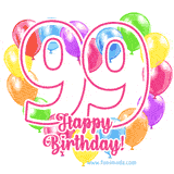 An animated birthday greeting card with a large '99' in pink outline surrounded by colorful balloons heart-shaped frame, and 'Happy Birthday!' written below in hand-written font.