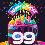 Chocolate cake with cyan layers, pink dressing and a big number 99 adorned with vibrant multicolored frosting, lit candles, and a rainbow topper with text that says 'Happy Birthday'. Animated colorful confetti move behind the cake.