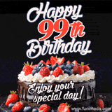 A birthday greeting card image. It features a chocolate cake with berries and the text 'Happy 99th Birthday. Enjoy your special day!'