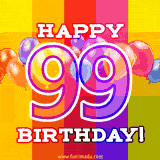 A birthday cake with lit candles is shown with colorful balloons and animated confetti.