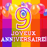 GIF animé 9 ans avec des ballons colorés, un grand chiffre 9 et 'Joyeux Anniversaire!' sur un fond éclatant.