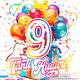 Animazione con palloncini colorati e scintillanti, accompagnata dal numero 9 in caratteri grandi e luminosi, e la scritta 'Tanti Auguri!' in stile vivace.
