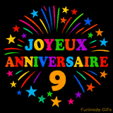 GIF animé 'Joyeux Anniversaire 9' avec des lettres colorées et des feux d'artifice éclatants