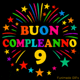 GIF animata 'Buon Compleanno 9' con lettere colorate e fuochi d'artificio