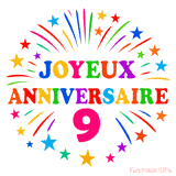 GIF animé joyeux anniversaire 9 ans avec étoiles multicolores et feu d’artifice