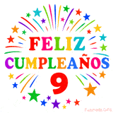 Imagen animada para felicitar los 9 años con letras de colores y diseño festivo.