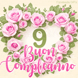 GIF per il 9° compleanno con un cuore di rose rosa e scritta elegante