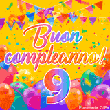 Un GIF animato per un 9° compleanno, Presenta il testo 'Buon Compleanno 9' su uno sfondo giallo vivo con palloncini colorati, festoni e una pioggia di coriandoli.