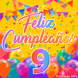 Un GIF animado para un 9º cumpleaños, Muestra el texto 'Feliz Cumpleaños 9' sobre un fondo amarillo vibrante con globos de colores, banderines y una lluvia de confeti.
