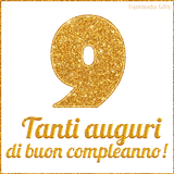 GIF animata per un 9° compleanno, Mostra il numero 9 in grandi caratteri dorati pieni di glitter scintillante, Sotto, la scritta 'Tanti auguri di buon compleanno!' in un elegante oro.