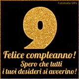 Un GIF animato per un 9° compleanno, Presenta il testo 'Buon Compleanno 9' su uno sfondo giallo vivo con palloncini colorati, festoni e una pioggia di coriandoli.
