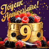 Une animation de célébration d'un gâteau de 9ème anniversaire, Des étoiles dorées tombent du ciel, mettant en valeur le texte 'Joyeux Anniversaire !' et le nombre doré 9 à l'avant du gâteau.