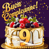Un GIF animato di una bellissima torta per il 9° compleanno con glassa dorata e frutti di bosco freschi, Il numero dorato 9 è davanti, e stelle cadono su uno sfondo viola scuro.