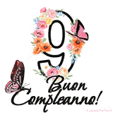 Questo GIF di Buon 9° Compleanno mostra il numero venti riempito con un vibrante bouquet di fiori animati, con farfalle che si muovono dolcemente su uno sfondo bianco.
