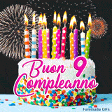 GIF animazione buon compleanno 9 anni che presenta una torta decorata, fiamme delle candele in movimento e luci pirotecniche sullo sfondo nero.