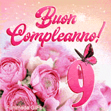 GIF animazione buon compleanno 9 anni che presenta fiori delicati, una farfalla rosa e riflessi luminosi su uno sfondo sfumato arancio e rosa.