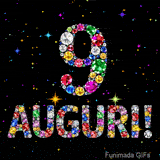 Il numero 9 e la scritta Auguri formati da gemme colorate e scintillanti su uno sfondo nero animato da piccole stelle luminose.