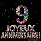 Le chiffre 9 et les mots Joyeux Anniversaire formés de diamants colorés étincelants sur fond noir avec de petites étoiles scintillantes animées.