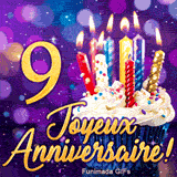 Image animée Joyeux Anniversaire 9 ans avec un cupcake gourmand, des bougies et un fond violet aux effets bokeh.