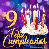 Imagen animada de Feliz Cumpleaños 9 años con un cupcake dulce, velas de colores y fondo violeta con luces bokeh.