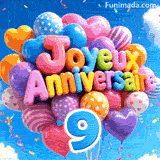 Sur fond de nuages blancs et de ciel bleu, des ballons en mouvement portent l'inscription Joyeux Anniversaire et le grand chiffre bleu 9.