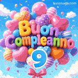 Sullo sfondo di nuvole bianche e cielo azzurro, palloncini in movimento portano l'iscrizione Buon Compleanno e il grande numero azzurro 9.
